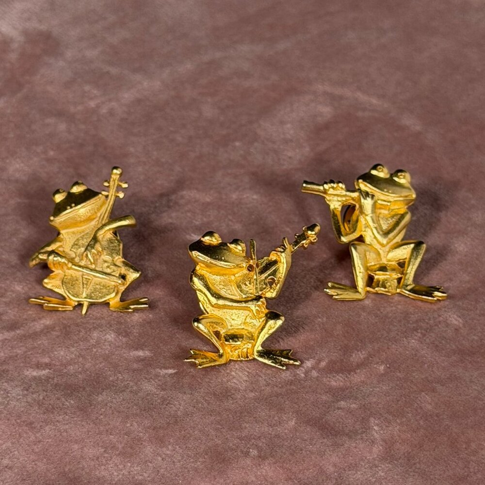 Vintage Frog Band Brooch Trio • Likely JJ 1980s • Gold-Tone